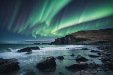 Beautiful view of landscape of aurora over rocky seashore in Norway