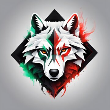 A beautiful minimalist logo of a geometric wolf with red, black, and green neon colors.