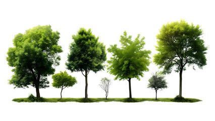 Capture the essence of nature with green trees on a transparent background. Use this image seamlessly for both print and web, featuring a clear cut path and alpha channel.
