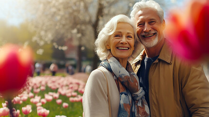 Obraz premium Elderly couple traveling while enjoying spring flowers..
