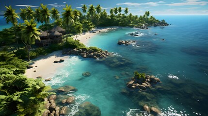 Fototapeta na wymiar Panoramic view of tropical beach with palm trees and rocks.