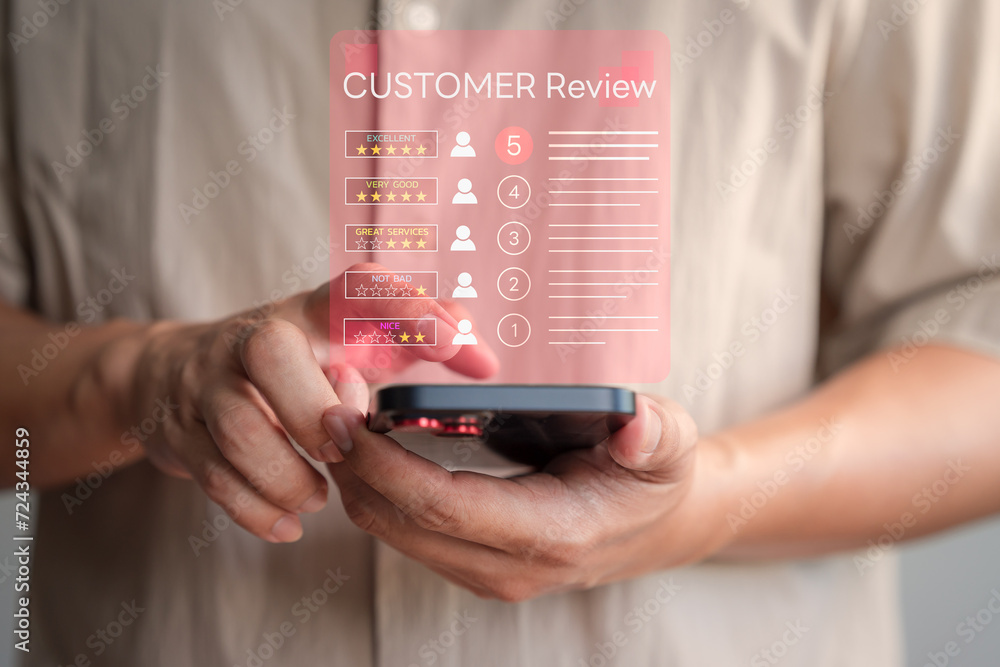 Poster customer experience concept, best excellent services rating by online application, member using a mo