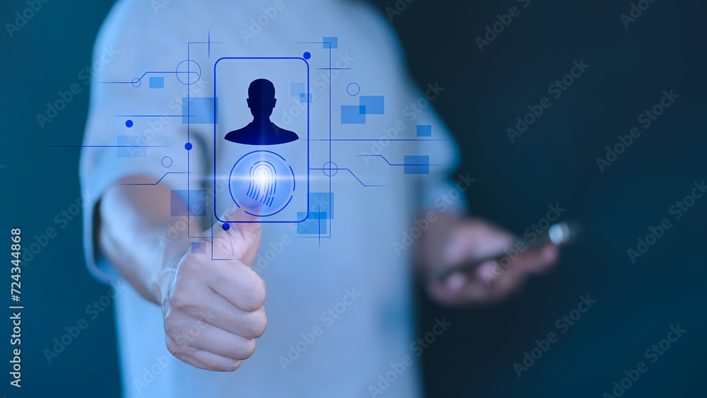 Poster Cyber security technology concept, User man login with fingerprint scanning technology. Secure encryption and access to the user's private information to access the internet.