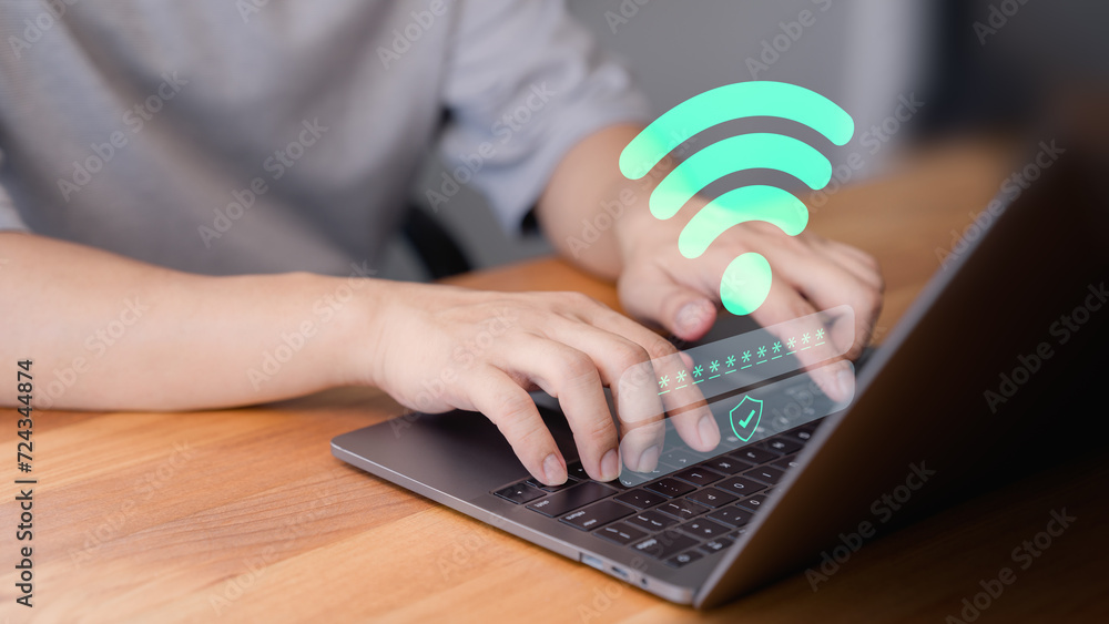 Poster User man searching and connect for wifi on his a computer laptop in the cafe. Concept of technology connectivity and connection problems to wifi by computer.