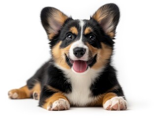 happy Puppy Welsh Corgi 14 Weeks old, dog winking, panting and sitting isolated on white