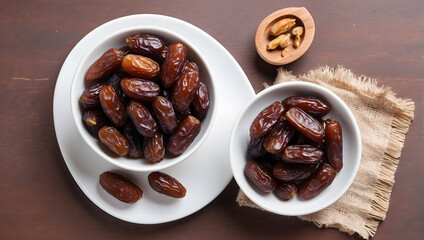 sweet dried dates out of two white bowl on wooden table