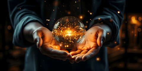 Bright glass sphere on hands in magic vibe