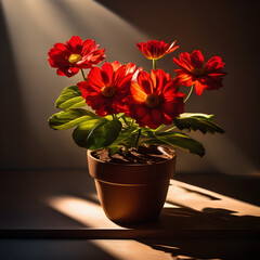 Potted red geraniums casting shadows on a weathered wall