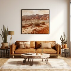 A living room with a couch and a painting above it. Generative AI.