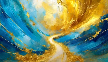 Fototapeten abstract watercolor background.a vibrant and dynamic digital painting depicting a path of gold and blue paint intertwining in an abstract yet harmonious manner. Focus on capturing the energy and contr © Asad