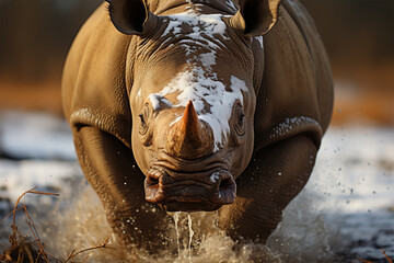 a rhino walks in the water