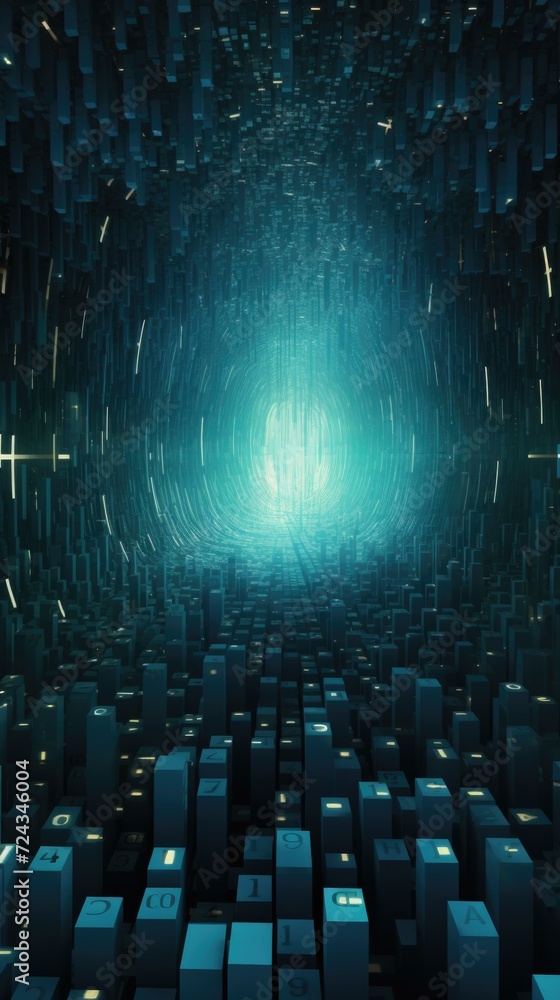 Poster a dark tunnel with cubes and light coming out of it. generative ai.