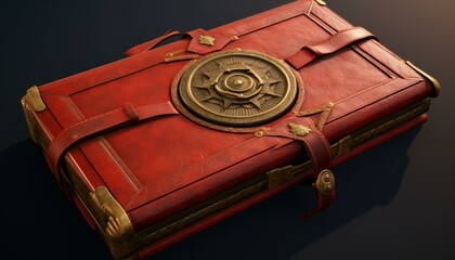 A red leather box with a gold medallion on it. Generative AI.