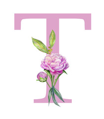 Capital letter T design with watercolor elements.Dusty roses, soft light blush peony, Pink flowers and eucalyptus leaves. Monogram. Ideal for wedding design, bran ding, invitations, social networks.