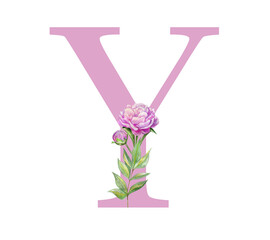 Capital letter Y design with watercolor elements. Dusty roses, soft light blush peony, Pink flowers and eucalyptus leaves. Monogram. Ideal for wedding design, branding, invitations, social networks.