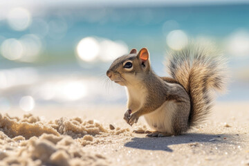 A joyful squirrel enjoys a summer day at the beach, basking in the sun and playing in the sand.