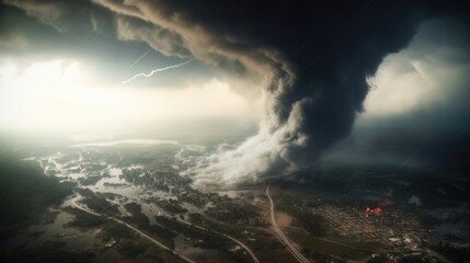 Closeup of a tornados path of destruction, illustrating the immense power and impact of these natural disasters. - obrazy, fototapety, plakaty