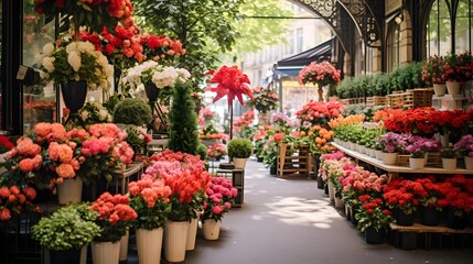 Fototapeta na wymiar blur image of flower shop in Paris, France. beautiful floral background