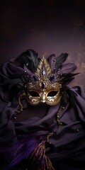 Golden masquerade lace mask with purple sparkling diamonds and  black feathers on purple background,space for text, top view