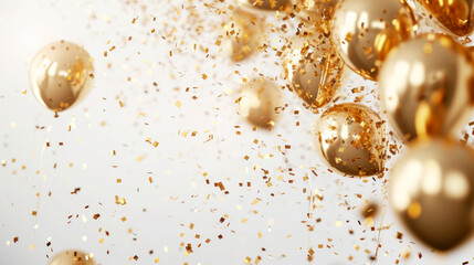 a white background with gold confetti and gold balloons