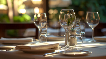 Set of empty glasses and plates with cutlery on a white tablecloth on the table in the restaurant. generative ai