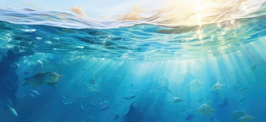 An artful depiction of multiple fish moving gracefully through the vast expanse of the ocean.