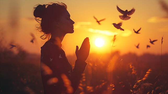 Woman praying and free bird enjoying nature on sunset background,  Yoga, meditation, nature, zen, mindfulness, praying, Generative AI 