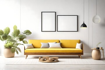 Living room interior.Wooden sofa with yellow cushion on white wall background and blank picture frame.3d rendering