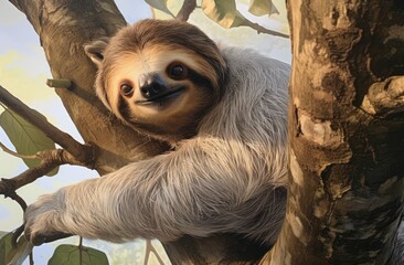 A stuffed sloth toy hangs from a tree branch in a playful and whimsical display.