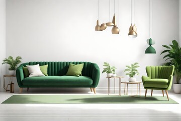 Living room with green armchair and green sofa on empty white wall background.3D rendering