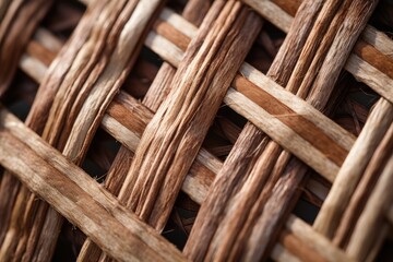 This close up view showcases the intricate weave pattern and textures of a traditional woven basket.