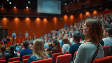 Business people or students are watching a presentation or attend a training or seminar in a lecture hall or auditorium. Conference hall full of people participating in the business training - obrazy, fototapety, plakaty