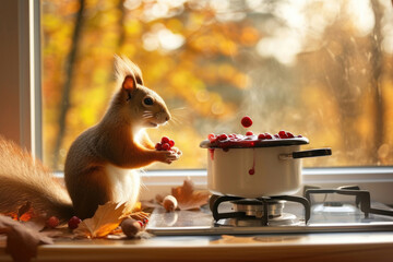 A cheerful squirrel in autumn, joyfully prepares homemade berry jam from freshly harvested berries