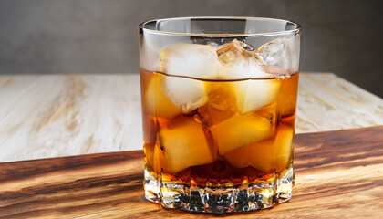 Whiskey drinks on wooden board with ice isolated over wooden