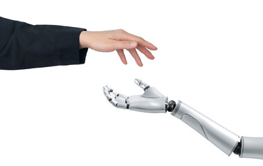 Business person hand with giving gesturing something to AI hand.