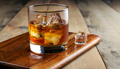 Whiskey drinks on wooden board with ice isolated over wooden