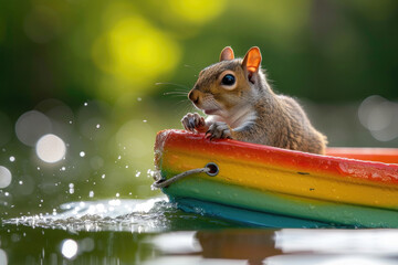 A joyful squirrel embarks on a summer boat adventure, paddling with glee.