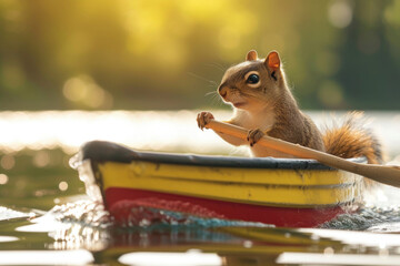 A joyful squirrel embarks on a summer boat adventure, paddling with glee.