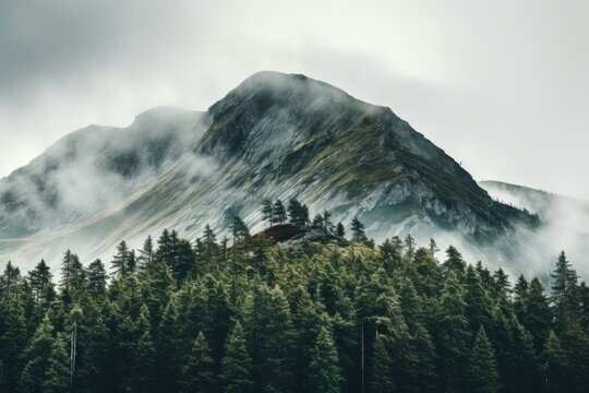 A photo of a majestic mountain landscape with clouds blanketing its peaks and dense trees, captured on a cloudy day.