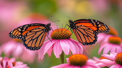Fototapeta na wymiar Monarch Butterfly (Danaus plexippus) on Pink Coneflower. generative ai