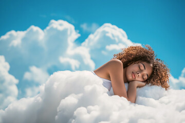 Woman Sleeping Comfortably on a Cloud with Blue Sky - Sleep Concept