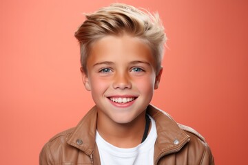 Closeup portrait of a cute blond boy in a brown jacket on a red background - obrazy, fototapety, plakaty