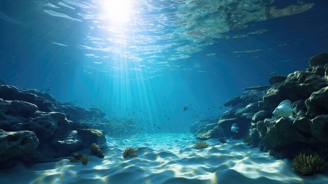 An image capturing the vibrant colors and diversity of a coral reef, with sunlight filtering through the water, illuminating the array of marine life.