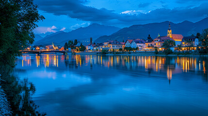 Fototapeta premium panorama salzburg old city bridge salzach river austria evening landscape cityscape mozart city europe winter night panoramic view old austrian town street . generative ai