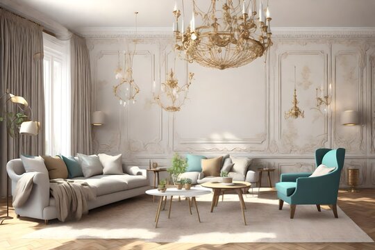 Interior of a domestic room in 3d render. Computer generated image of living room with sofa set, arms chairs, wall paintings and beautiful chandelier.