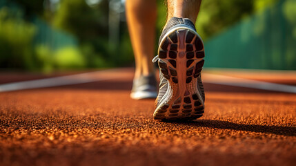 Close up of a runner's feet wearing shoes on a running track.