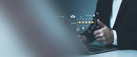 Creative ranking a positive future with Artificial Intelligence (AI) concept, businessman hand showing communication icons, digital transformation, 5 stars of ISO certification and standardization.