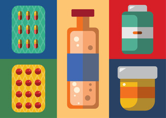 Set of medicine bottles and pills colorful vector graphics