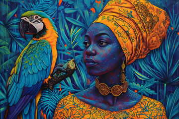 Obraz premium African american beautiful woman with parrot in tropical jungle. Black history month, day. Ethnic, culture, liberty concept. Racial equality