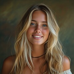 Portrait of a 21 year old white American girl, blonde hair, blue eyes, beautiful smile